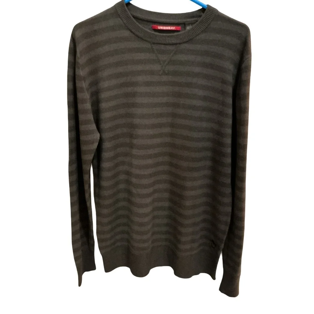 Unionbay Mens‎ Crewneck Sweater Olive Green Charcoal Striped Acrylic Large L